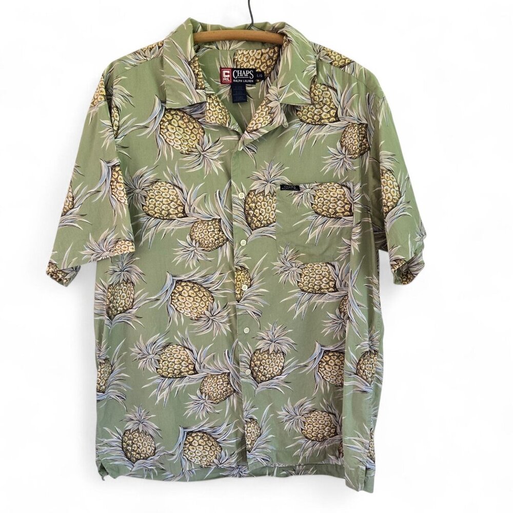 Chaps Ralph Lauren Mens Green Pineapple Print Hawaiian Short Sleeve Shirt Large